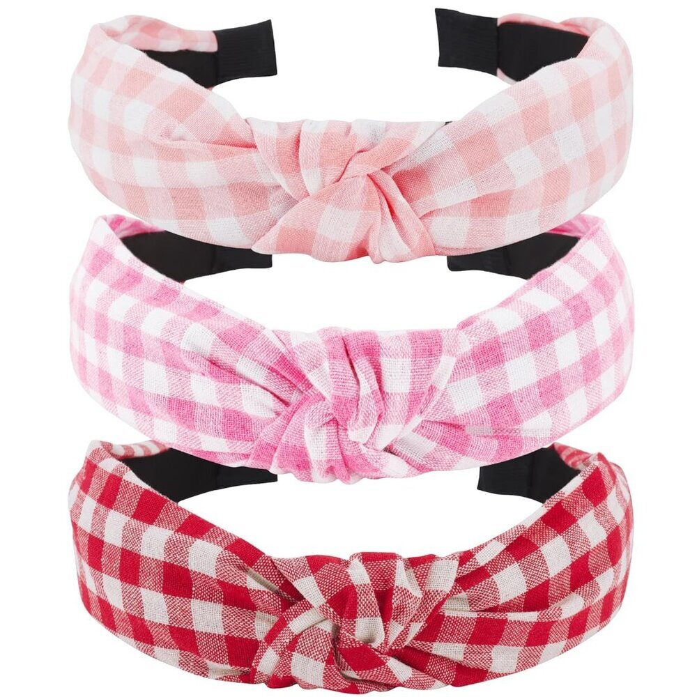 Pink Plaid Headband, 3 Pack for Women Girls, Christmas Hair Accessories, Pink an